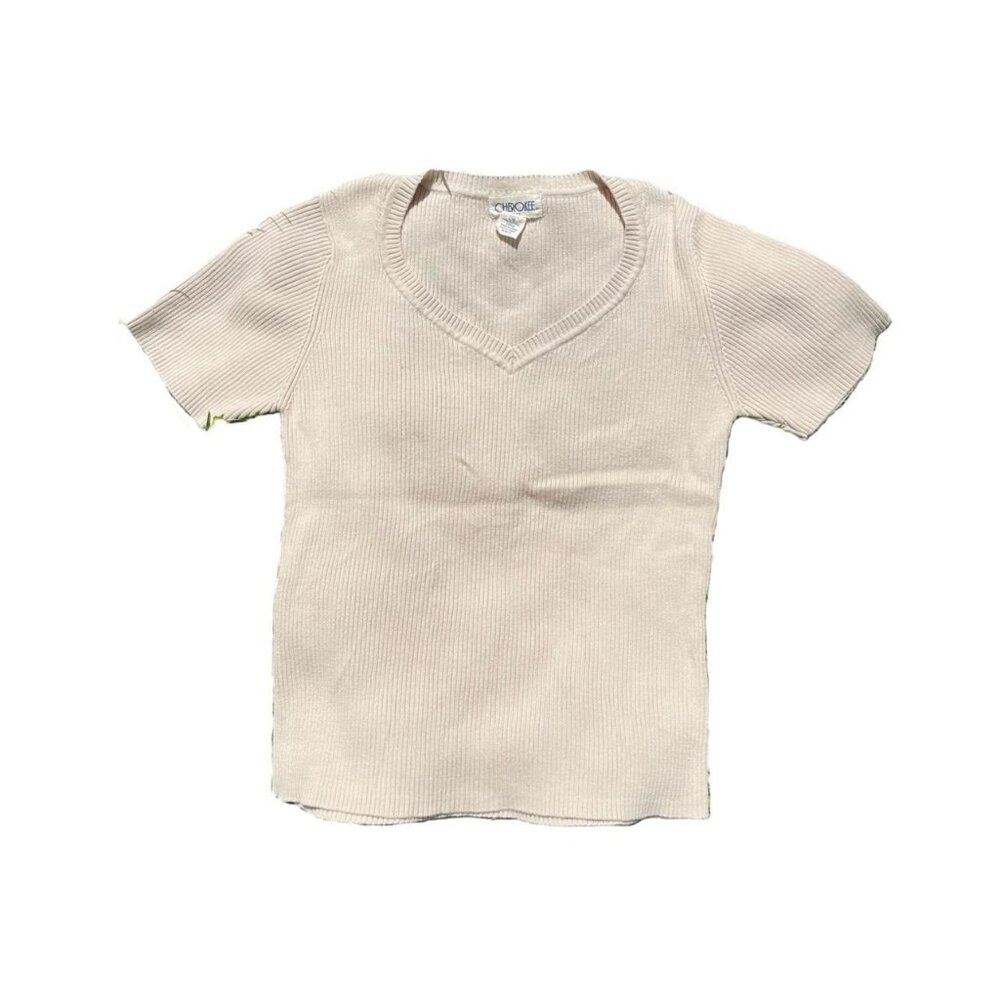 y2k Cherokee Cream Brown Ribbed V Neck Tee Shirt